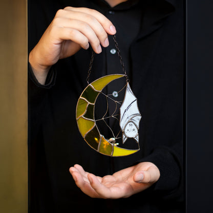 Bat and Moon Stained Glass Halloween Decoration