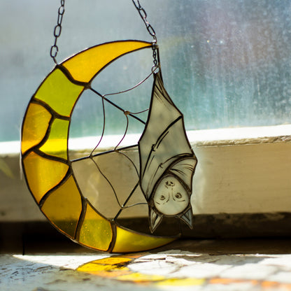 Bat and Moon Stained Glass Halloween Decoration