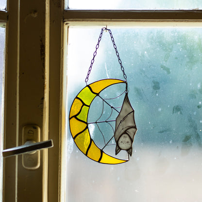 Bat and Moon Stained Glass Halloween Decoration