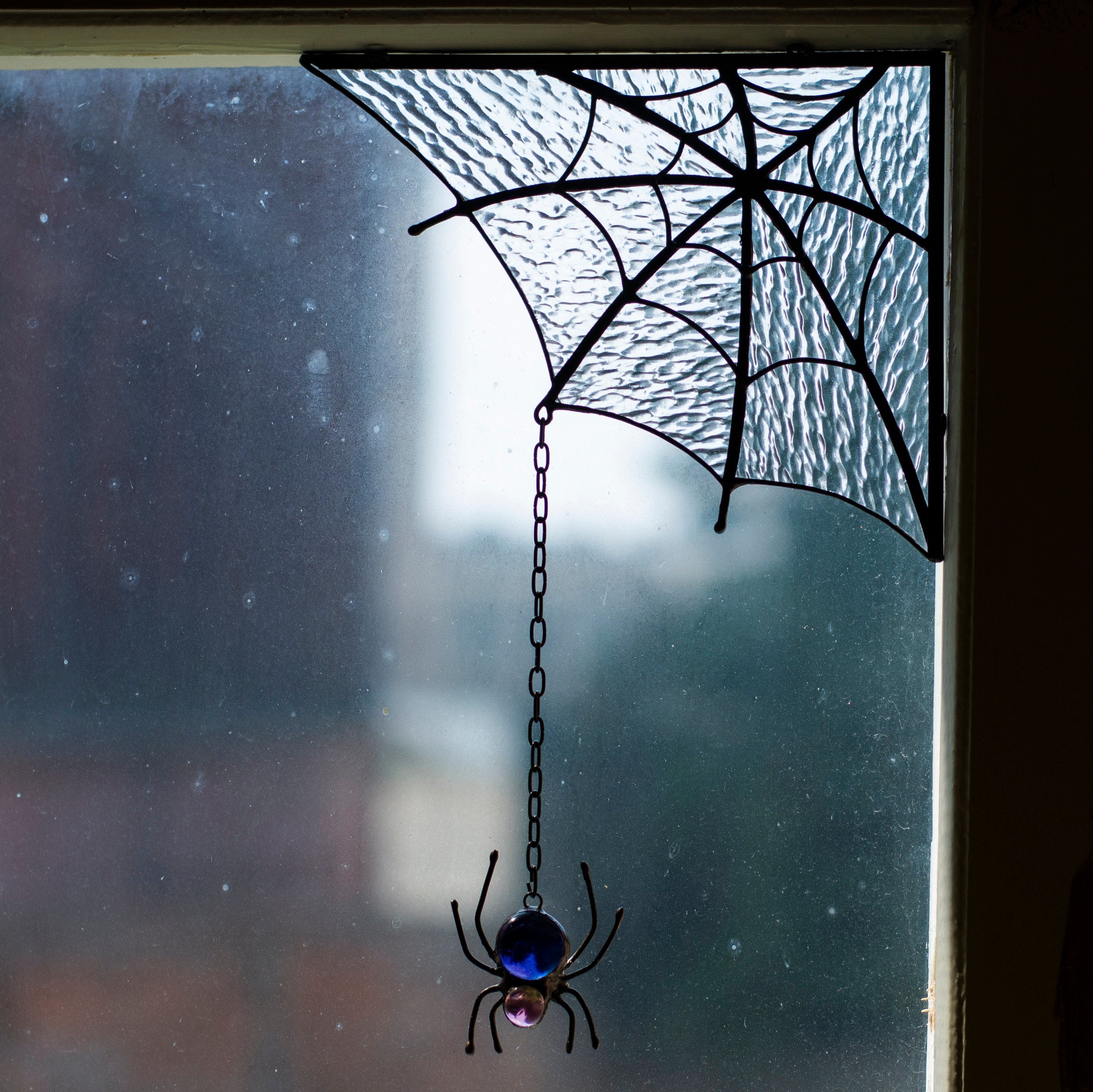 Stained offers Glass Iridescent Spider Web Hanging Panel