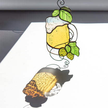 Beer Mug with Hops Leaves Stained Glass Suncatcher