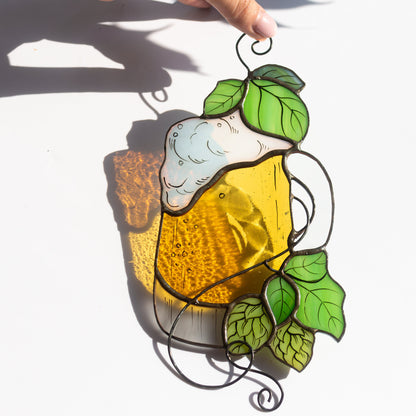 Beer Mug with Hops Leaves Stained Glass Suncatcher