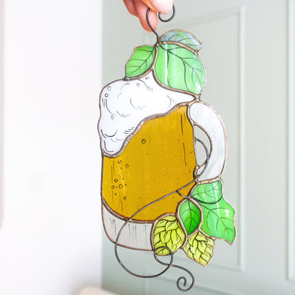 Beer Mug with Hops Leaves Stained Glass Suncatcher