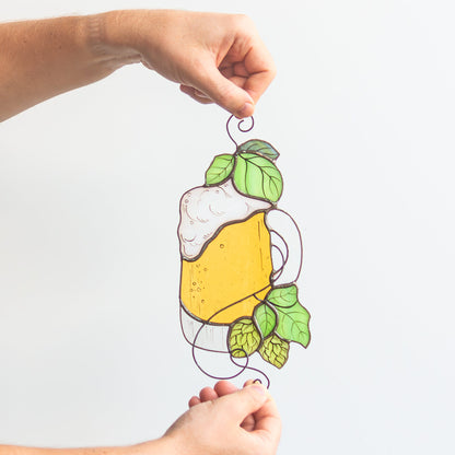 Beer Mug with Hops Leaves Stained Glass Suncatcher