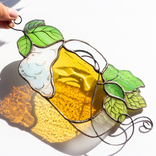 Beer Mug with Hops Leaves Stained Glass Suncatcher